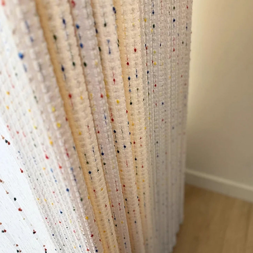 Hugmoom Natural Linen Curtains soft rainbow kids haven design, macro shot of colorful dotted woven linen texture, bespoke custom window drapes