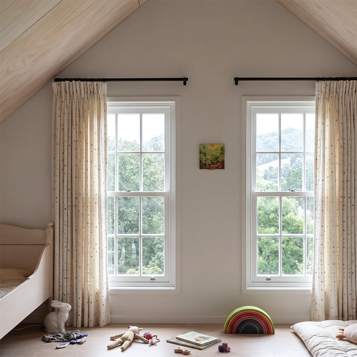 Hugmoom Natural Linen Curtains soft rainbow kids haven design, pleated custom linen drapes in attic kids bedroom, premium home decor for USA Europe