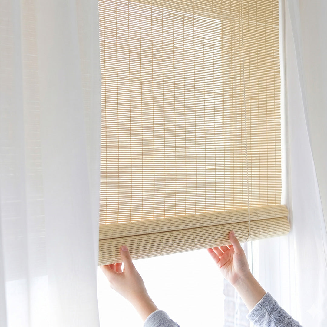 Hugmoom No Drill Bamboo Roman Shade – Natural Woven Privacy Blinds with Easy Installation (USA, EU)