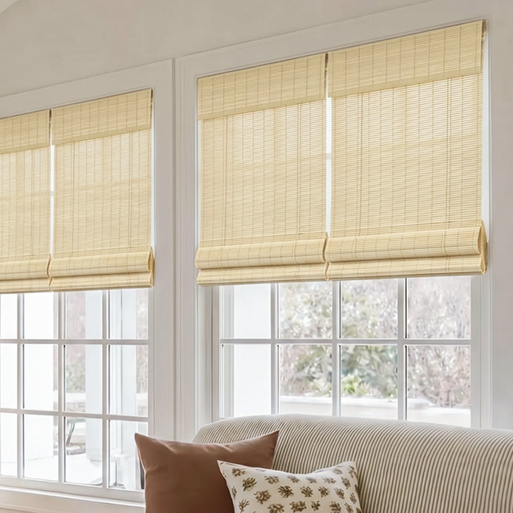 Hugmoom No Drill Bamboo Roman Shade – Natural Woven Privacy Blinds for Modern Farmhouse Living Rooms (US, UK, EU)