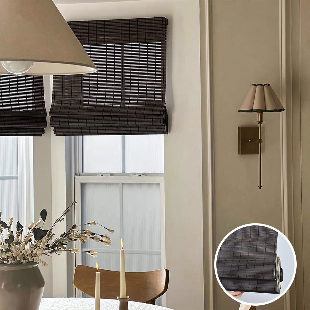 Hugmoom No Drill Bamboo Roman Shade – Dark Natural Woven Privacy Blinds for Elegant Dining Rooms (USA, EU)