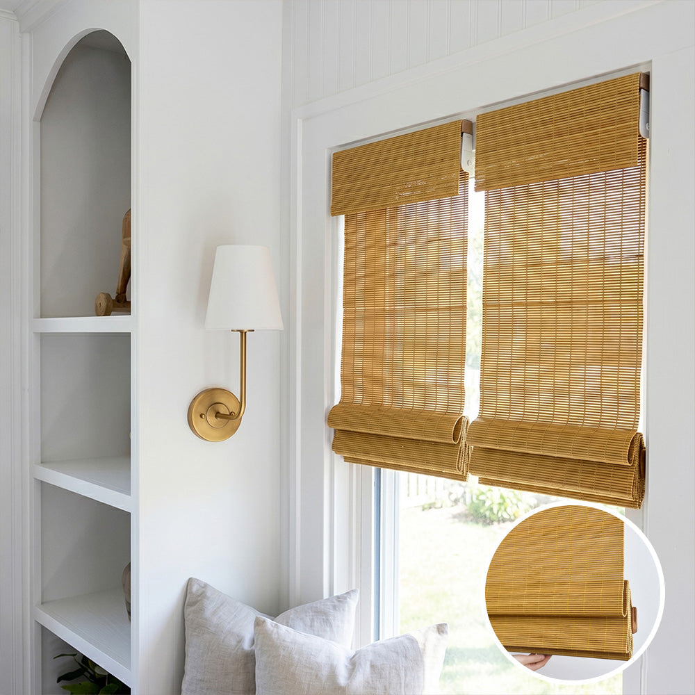Hugmoom No Drill Bamboo Roman Shade – Natural Woven Privacy Blinds for Sunlit Bay Window Bedrooms (US, UK, EU)