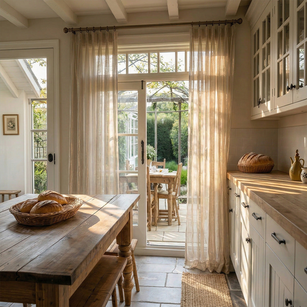 Hugmoom Off-White Semi Sheer Curtains With Flowing Yarn, Luxury Sheer Drapes for French Door, Custom Size Light Filtering Curtains for Kitchen, Elegant Window Coverings for Farmhouse Home Decor