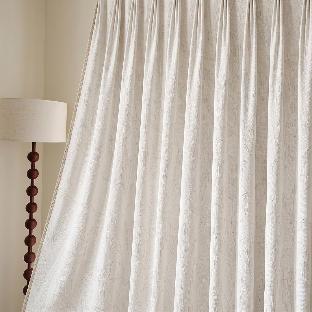 Hugmoom Pattern Leaf Sheer Curtains - Soft Sheer Custom Curtains, Close-Up Leaf Embossed Linen Sheer Fabric Texture Detail (USA, Canada, EU)