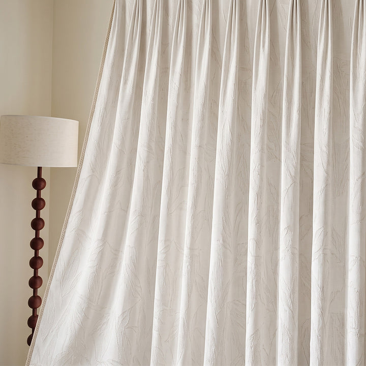 Hugmoom Pattern Leaf Sheer Curtains - Soft Sheer Custom Curtains, Close-Up Leaf Embossed Linen Sheer Fabric Texture Detail (USA, Canada, EU)