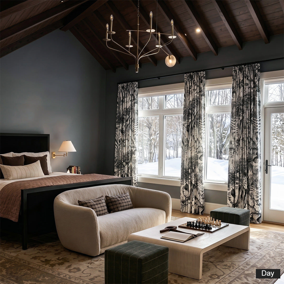 Hugmoom Printed Blackout Curtains, Custom Pleated Drapes with Plush Texture, Black & White Jungle Print, Daytime Open View in Modern Bedroom