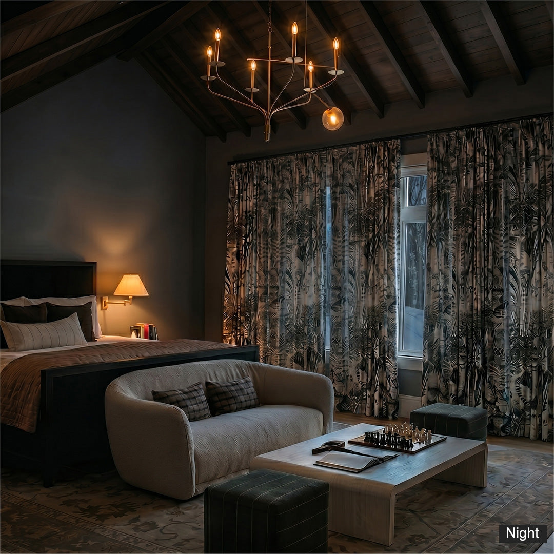Hugmoom Printed Blackout Curtains at Night, Full Light Blocking, Black & White Jungle Pattern, Custom Pleated Plush Drapes in Cozy Bedroom