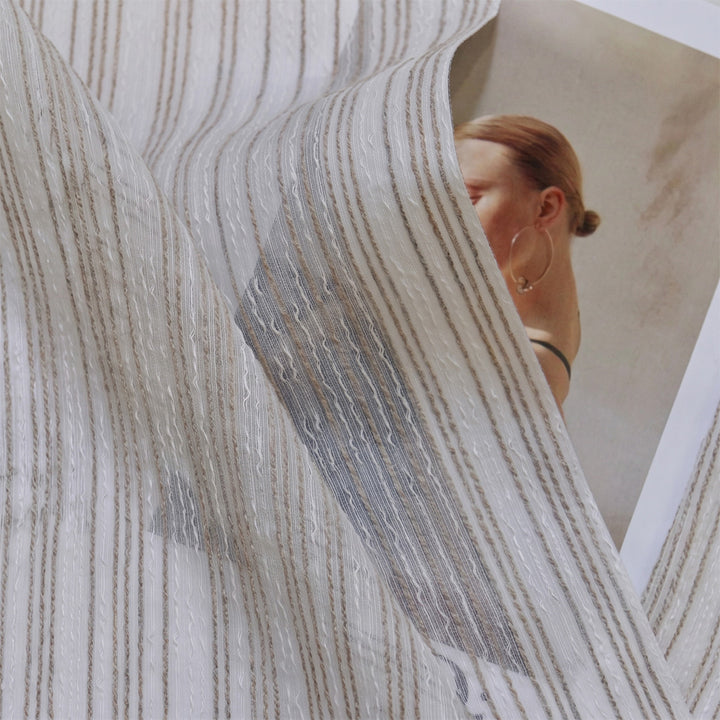 Hugmoom Puddle Drapes Custom Woven Stripe Texture Soft Sheer Curtains Beige Linen‑Blend Sheer Fabric Close‑Up Material Detail USA Oregon