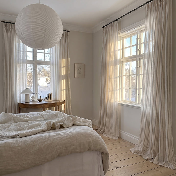 Hugmoom Puddle Drapes Custom Woven Stripe Texture Soft Sheer Curtains Light Filtering Striped Sheer Drapes Cozy Nordic Style Bedroom Norway Europe