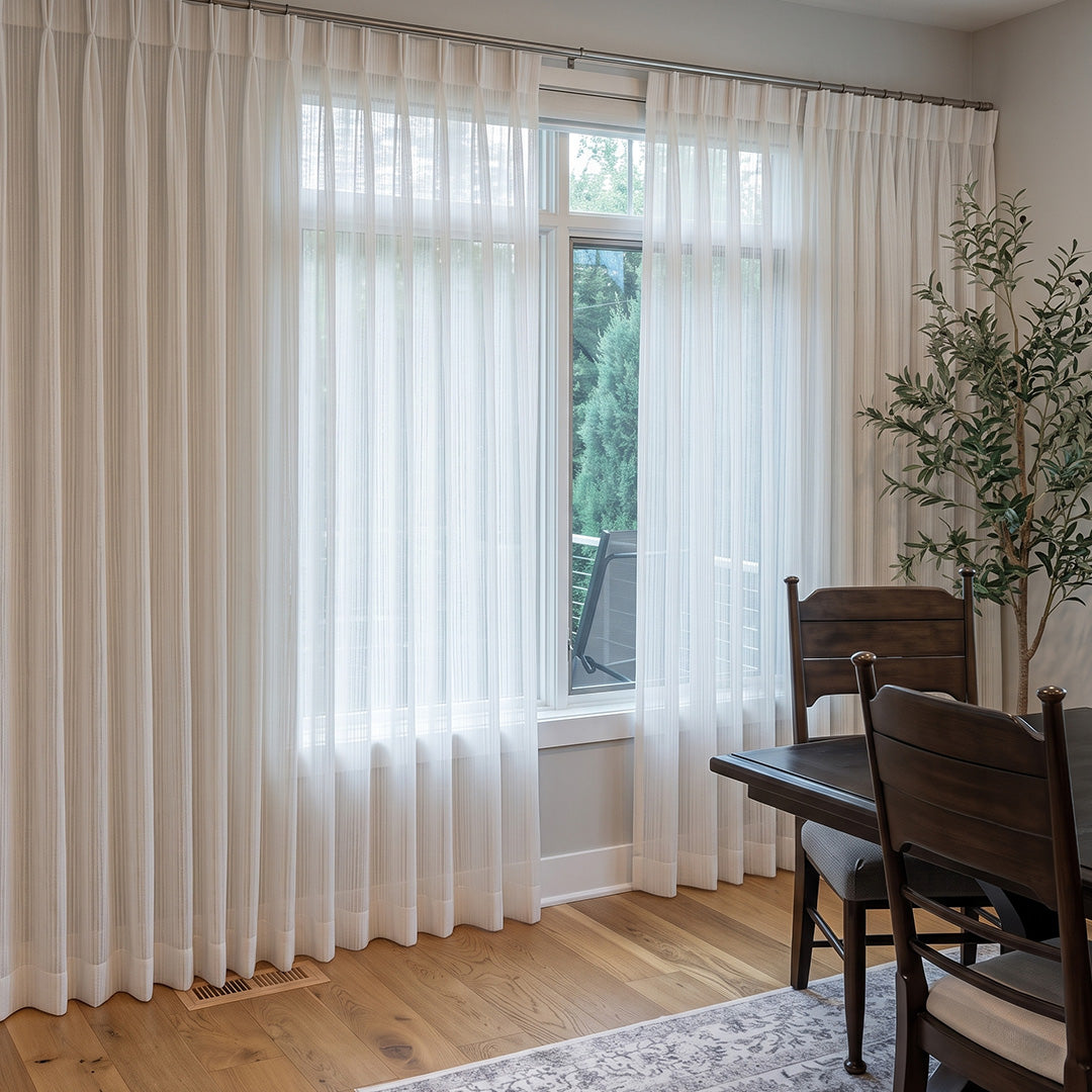 Hugmoom Puddle Drapes Custom Woven Stripe Texture Soft Sheer Curtains Puddle‑Length Custom Sheer Drapes Modern Farmhouse Dining Room USA Washington