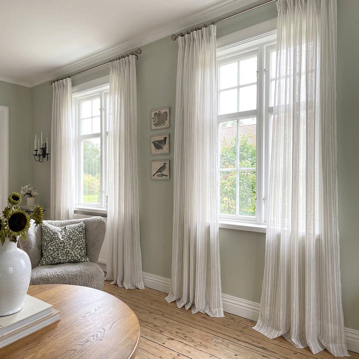 Hugmoom Puddle Drapes Custom Woven Stripe Texture Soft Sheer Curtains Floor Puddle Pleated Sheer Drapes Vintage Cottage Living Room UK England