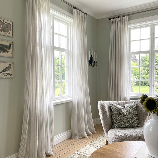 Hugmoom Puddle Drapes Custom Woven Stripe Texture Soft Sheer Curtains Woven Stripe Sheer Puddle Drapes Green Wall Cottage Home Interior EU Denmark