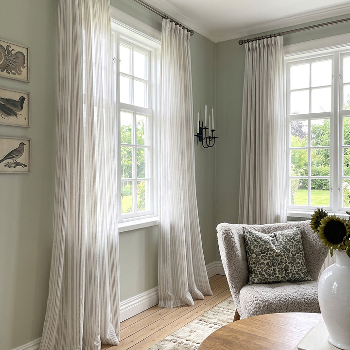 Hugmoom Puddle Drapes Custom Woven Stripe Texture Soft Sheer Curtains Woven Stripe Sheer Puddle Drapes Green Wall Cottage Home Interior EU Denmark