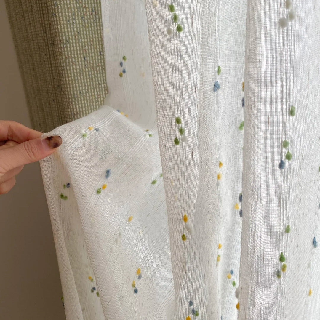 Hugmoom Rainbow Sugar Beans Sheer Curtains – Close-up of Textured Linen Blend Fabric with Colorful Pom-Pom Dots (USA, EU)