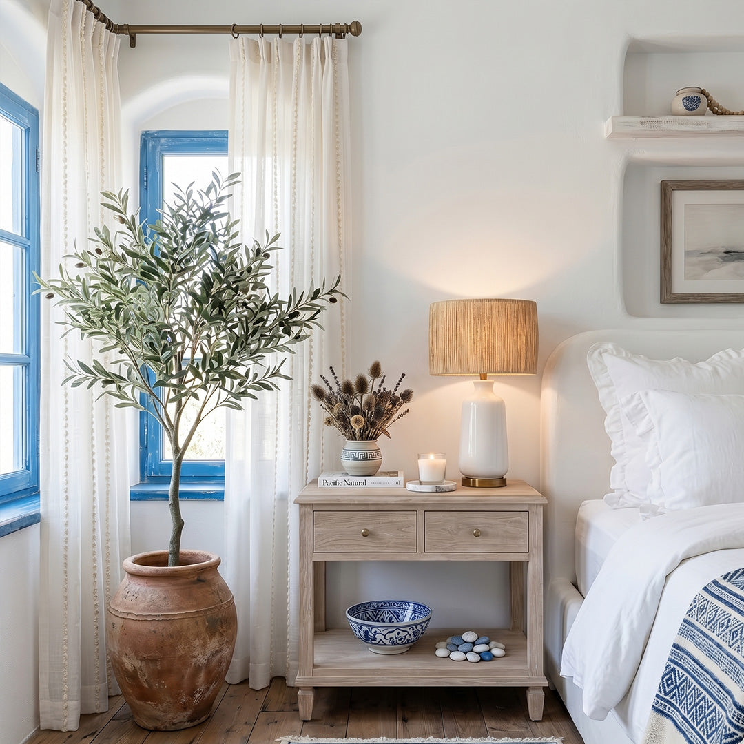Hugmoom Santorini Style Linen Sheer Curtains, Beaded Edge Detail, Boho Coastal Design in Mediterranean Bedroom