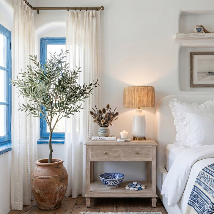 Hugmoom Santorini Style Linen Sheer Curtains, Beaded Edge Detail, Boho Coastal Design in Mediterranean Bedroom