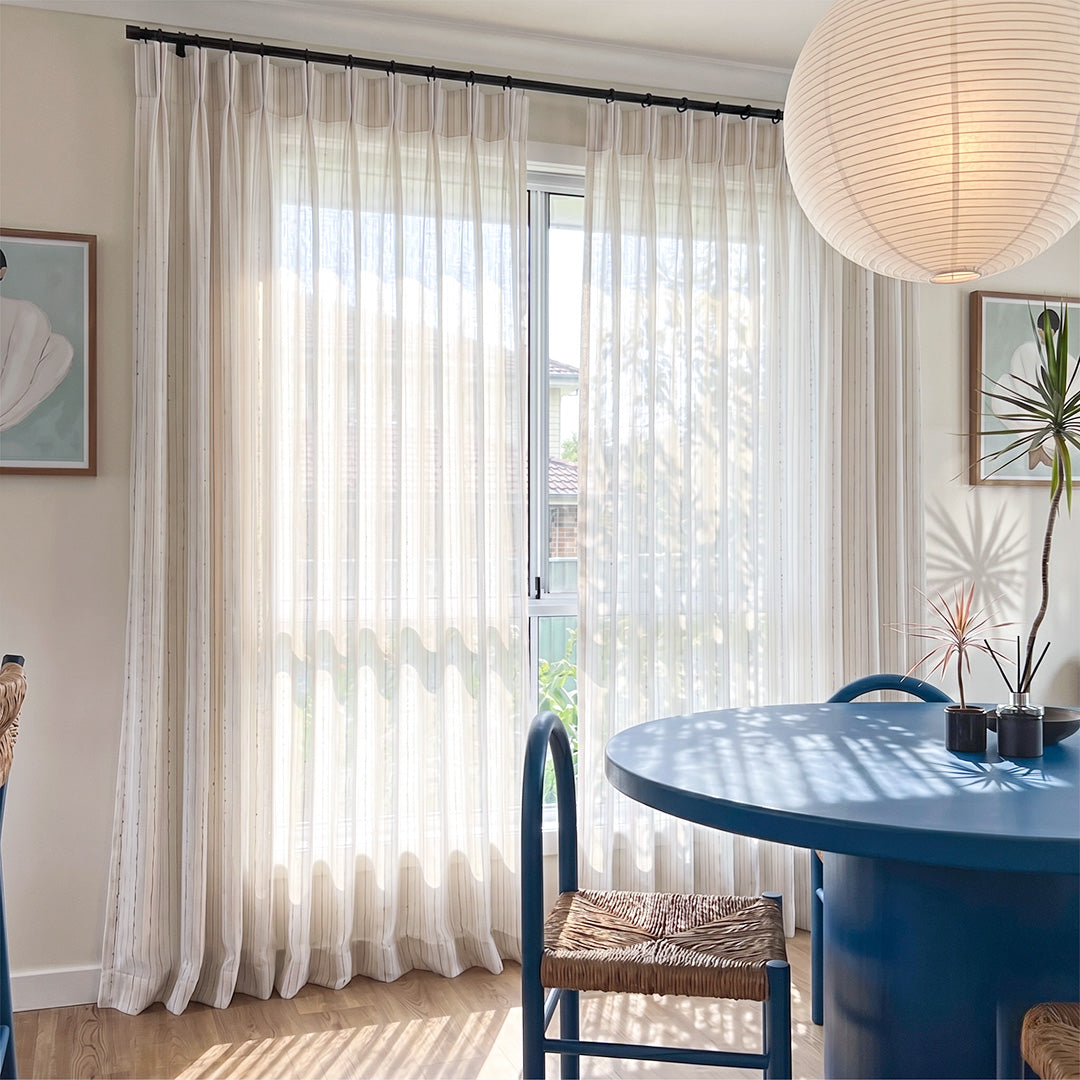 Hugmoom Santorini Style Linen Sheer Curtains, Striped Textured Drapes, Light Filtering in Bright Modern Dining Room