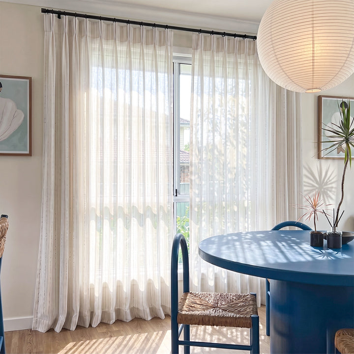 Hugmoom Santorini Style Linen Sheer Curtains, Striped Textured Drapes, Light Filtering in Bright Modern Dining Room