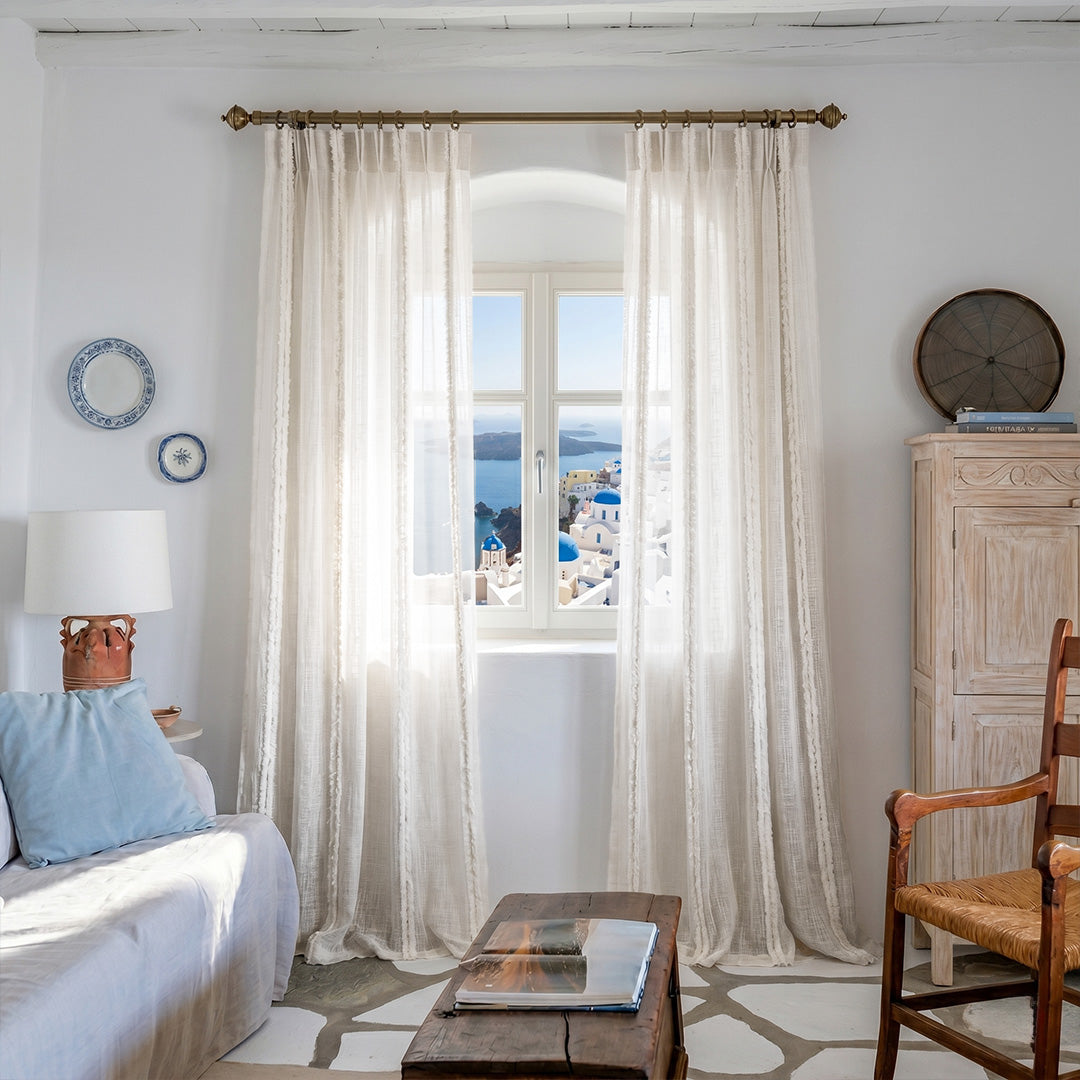 Hugmoom Santorini Style Linen Sheer Curtains, Light Filtering, Whitewashed Boho Drapes with Lace Trim in Aegean Living Room