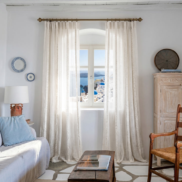 Hugmoom Santorini Style Linen Sheer Curtains, Light Filtering, Whitewashed Boho Drapes with Lace Trim in Aegean Living Room