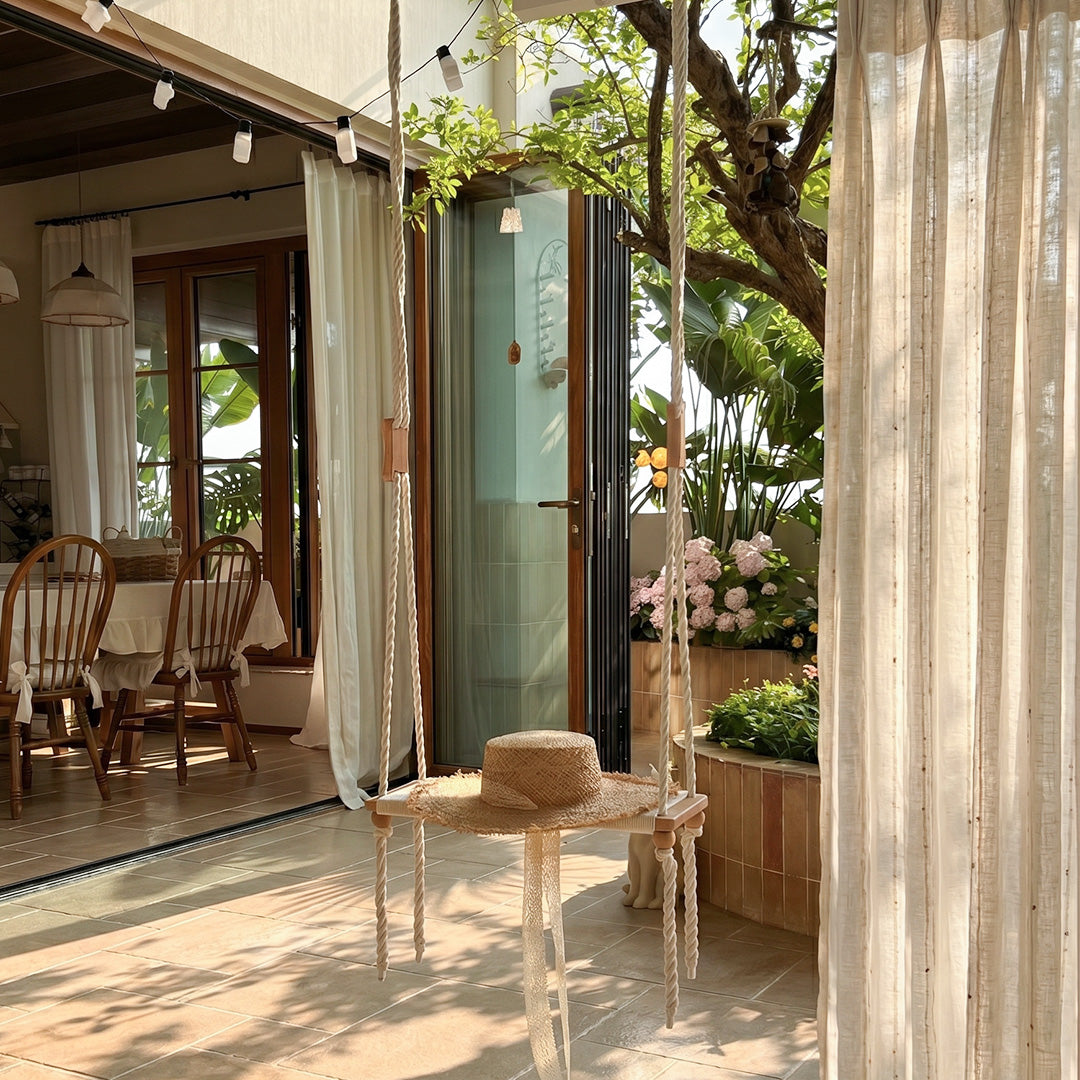 Hugmoom Santorini Style Linen Sheer Curtains, Outdoor Patio View, Light Filtering Boho Drapes for Tropical Alfresco Space