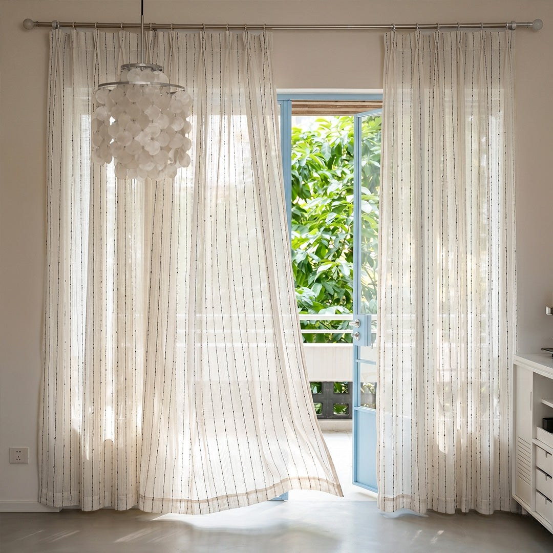 Hugmoom Santorini Style Linen Sheer Curtains, Striped Beaded Design, Light Filtering Drapes in Bright Minimalist Room
