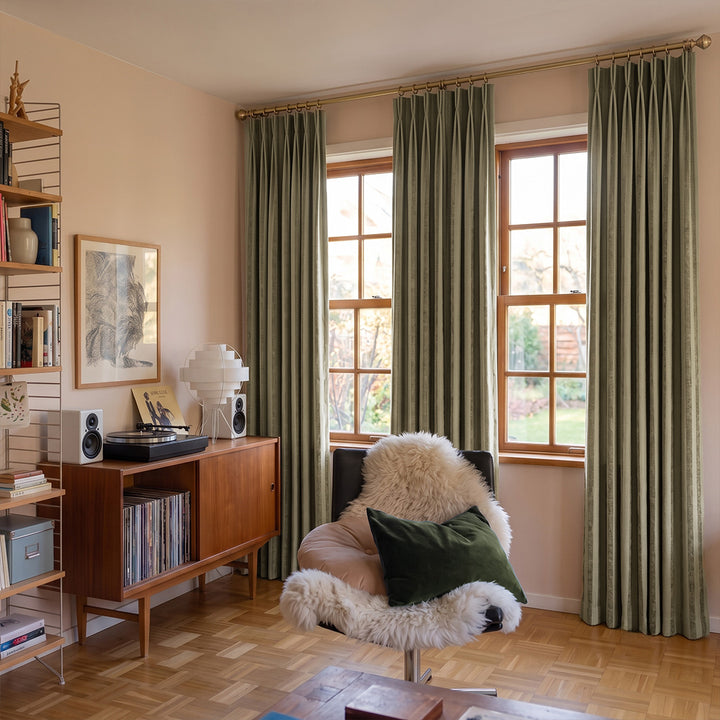 Hugmoom Striped Curtains Quiet Luxury Plush Custom Chenille Linen Soft Drapes – Sage Green Striped Plush Drapes for Mid-Century Modern Record Room &amp; Lounge Spaces (USA, UK, EU)