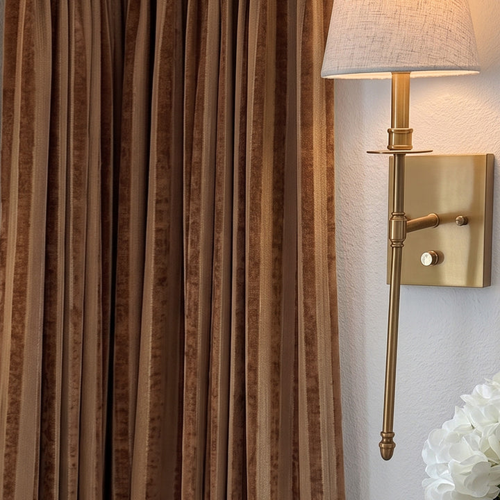 Hugmoom Striped Curtains Quiet Luxury Plush Custom Chenille Linen Soft Drapes – Close-Up Warm Brown Striped Chenille Fabric Texture Detail Shot (North America, Europe)