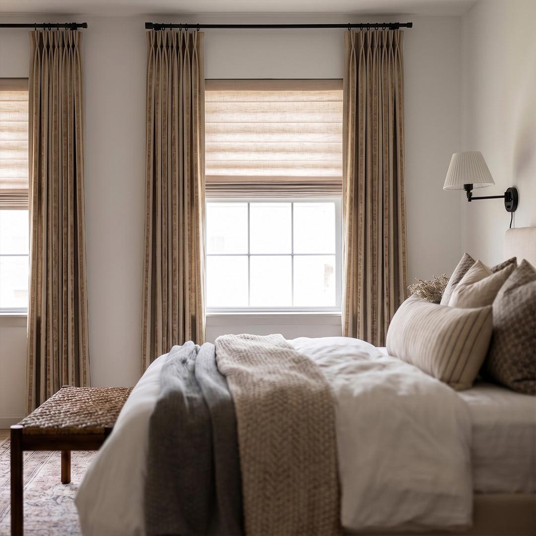 Hugmoom Striped Curtains Quiet Luxury Plush Custom Chenille Linen Soft Drapes – Taupe Neutral Striped Pinch Pleat Drapes for Calm Contemporary Urban Bedrooms (USA, Canada, EU)