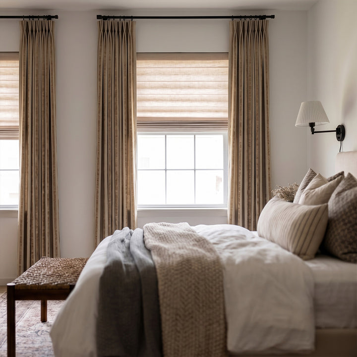 Hugmoom Striped Curtains Quiet Luxury Plush Custom Chenille Linen Soft Drapes – Taupe Neutral Striped Pinch Pleat Drapes for Calm Contemporary Urban Bedrooms (USA, Canada, EU)