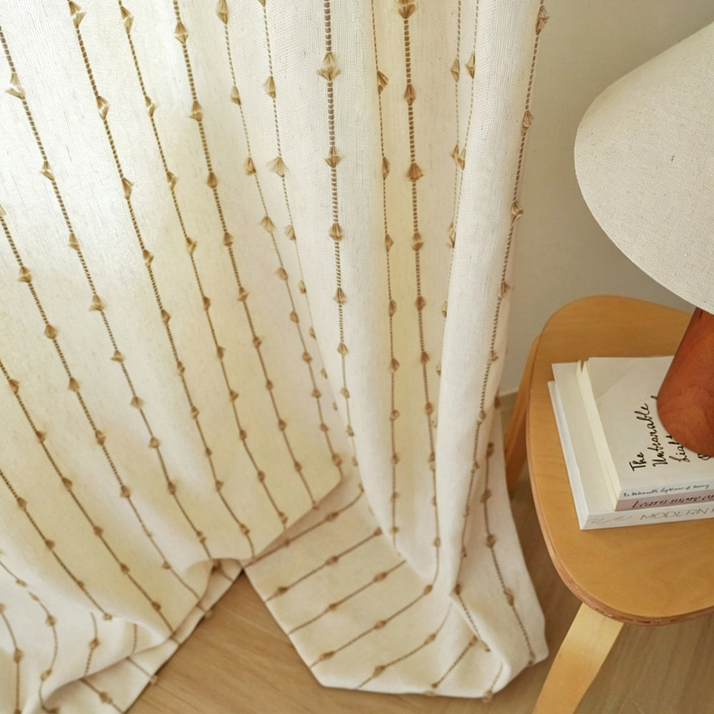 Hugmoom Striped Linen Drapes Elegant Vintage Vertical Curtains – Close-Up Textured Tassel Stitch Linen Fabric Detail, Custom Farmhouse Window Drapery (USA, UK, EU)