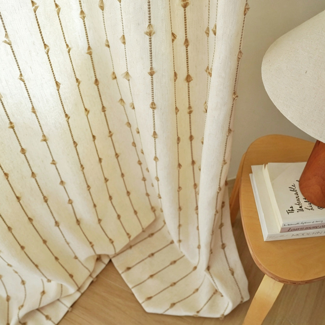 Hugmoom Striped Linen Drapes Elegant Vintage Vertical Curtains – Close-Up Textured Tassel Stitch Linen Fabric Detail, Custom Farmhouse Window Drapery (USA, UK, EU)