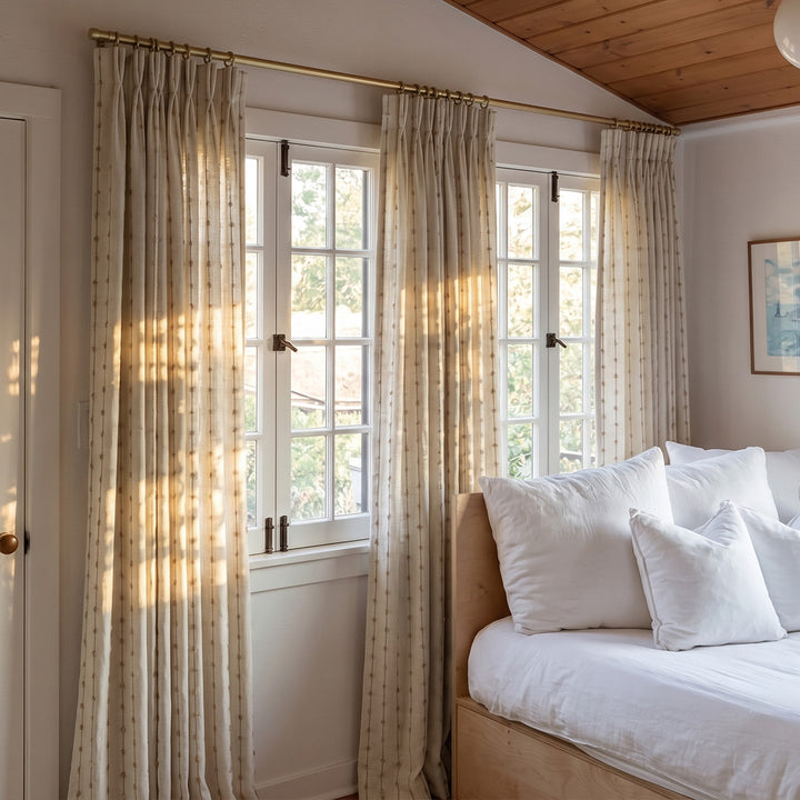 Hugmoom Striped Linen Drapes Elegant Vintage Vertical Curtains – Neutral Beige Stitch Striped Linen Drapes for Light Filled Cottage Primary Bedrooms (North America, Europe)
