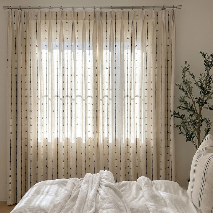 Hugmoom Striped Linen Drapes Elegant Vintage Vertical Curtains – Soft Sage Stitch Striped Linen Drapes for Minimal Neutral Modern Guest Bedrooms (North America, Europe)