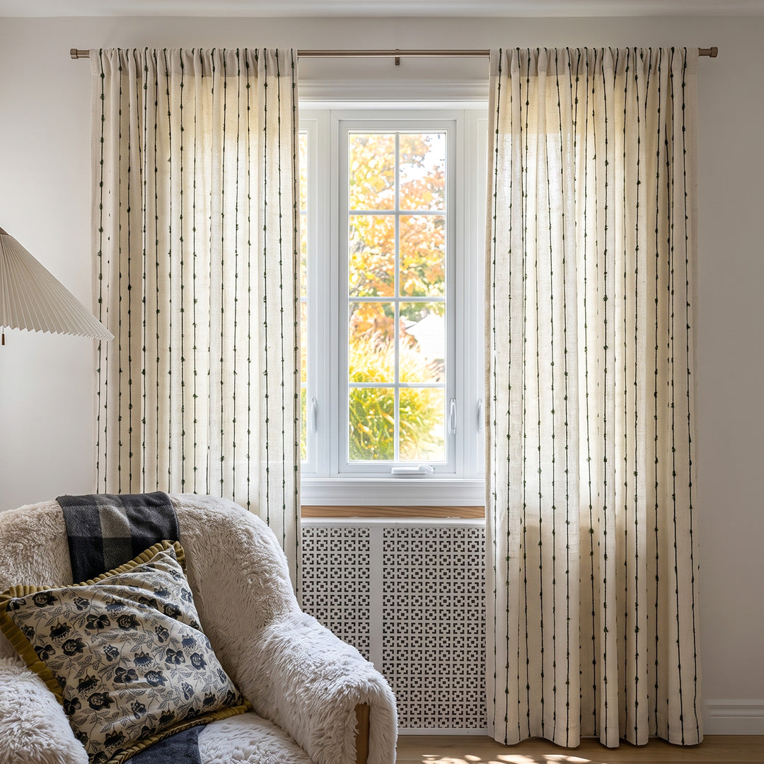 Hugmoom Striped Linen Drapes Elegant Vintage Vertical Curtains – Light Filtering Stitch Striped Linen Drapes for Cozy Warm Neutral Country Living Rooms (North America, Europe)