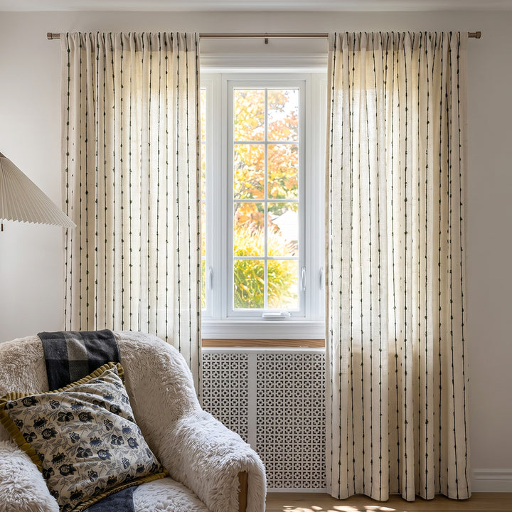 Hugmoom Striped Linen Drapes Elegant Vintage Vertical Curtains – Light Filtering Stitch Striped Linen Drapes for Cozy Warm Neutral Country Living Rooms (North America, Europe)