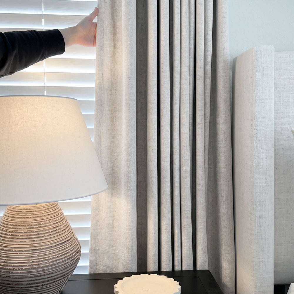 Hugmoom Textured Linen Blackout Curtains, Pinch Pleat, Fabric Close-Up in Bright Bedroom