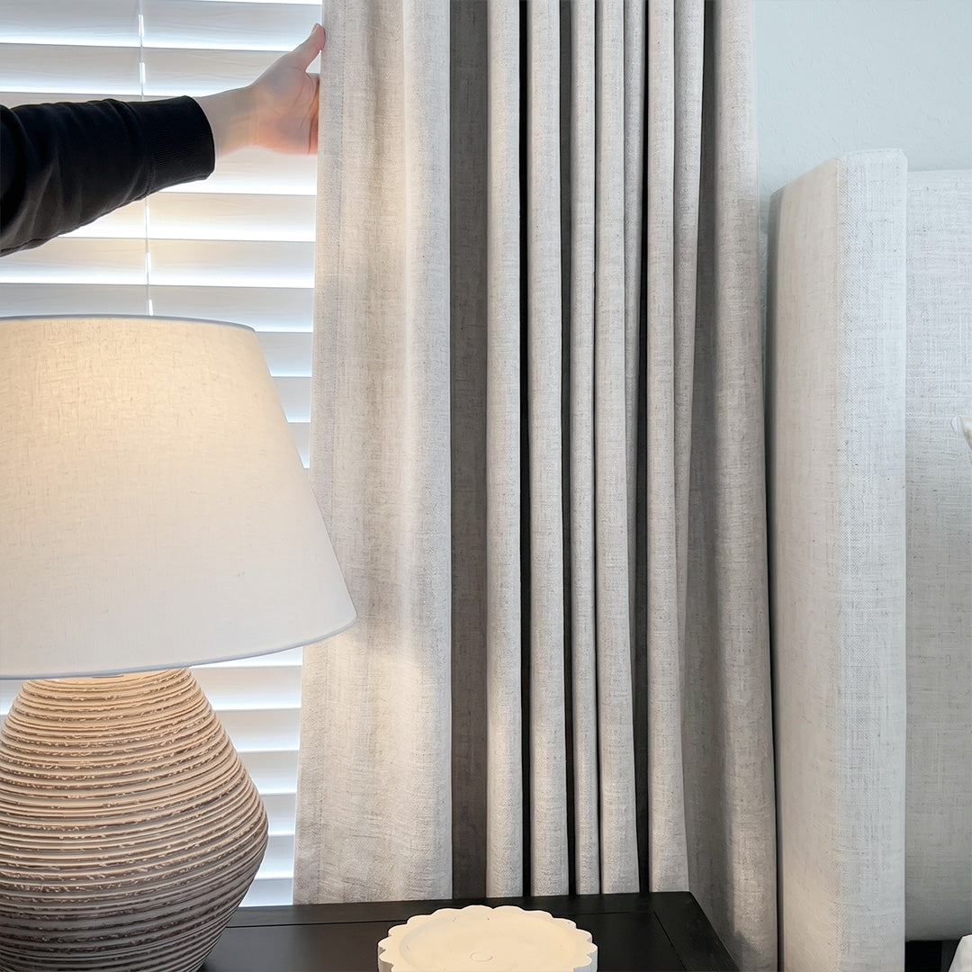 Hugmoom Textured Linen Blackout Curtains, Pinch Pleat, Fabric Close-Up in Bright Bedroom