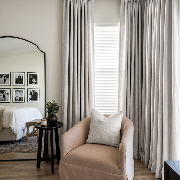 Hugmoom Textured Linen Blackout Curtains, Light Grey, Open Daytime View in Neutral Bedroom