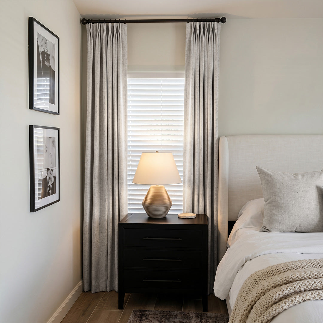 Hugmoom Textured Linen Blackout Curtains, Nighttime Closed View in Cozy Bedroom