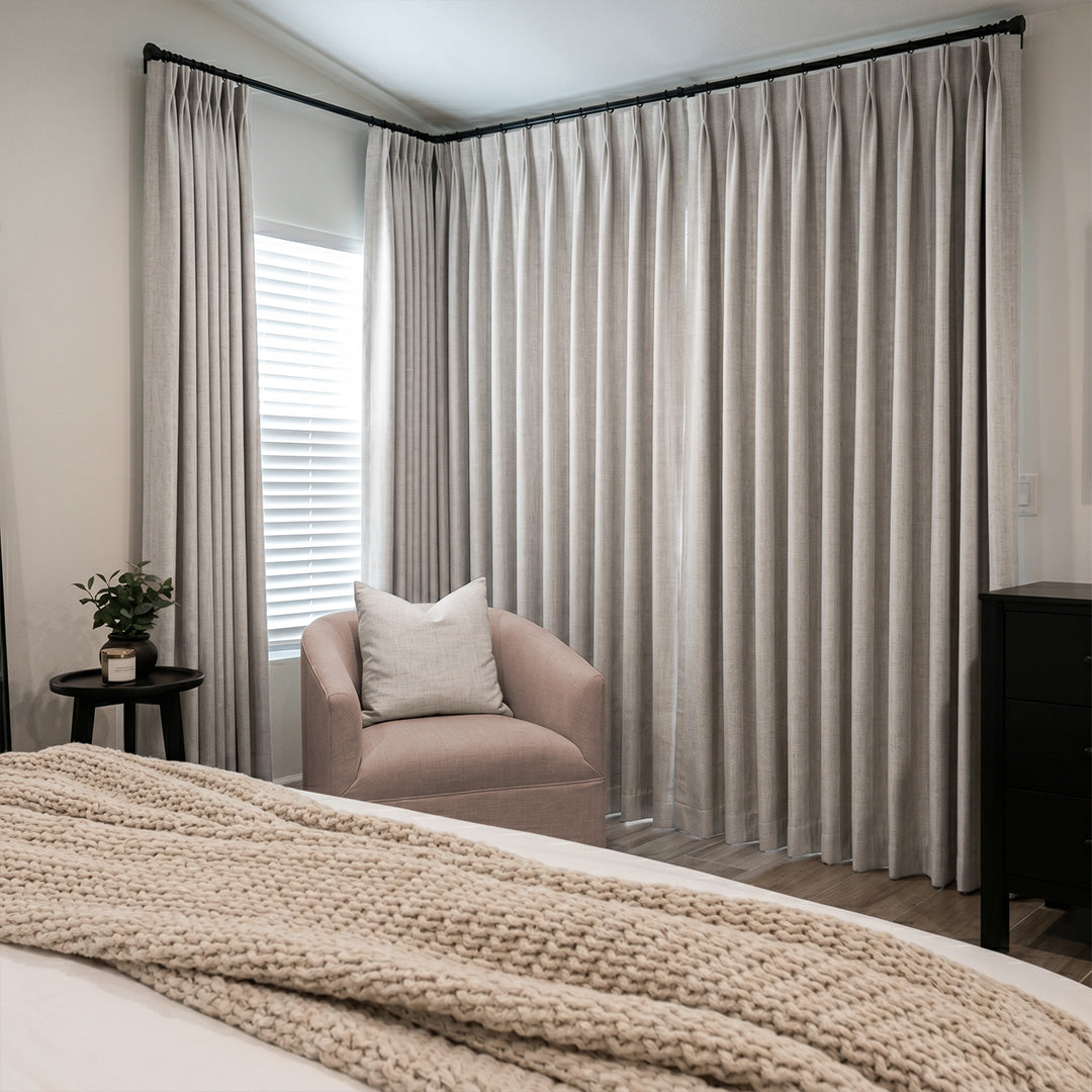 Hugmoom Textured Linen Blackout Curtains, Light Grey, Corner Window Setup in Modern Bedroom