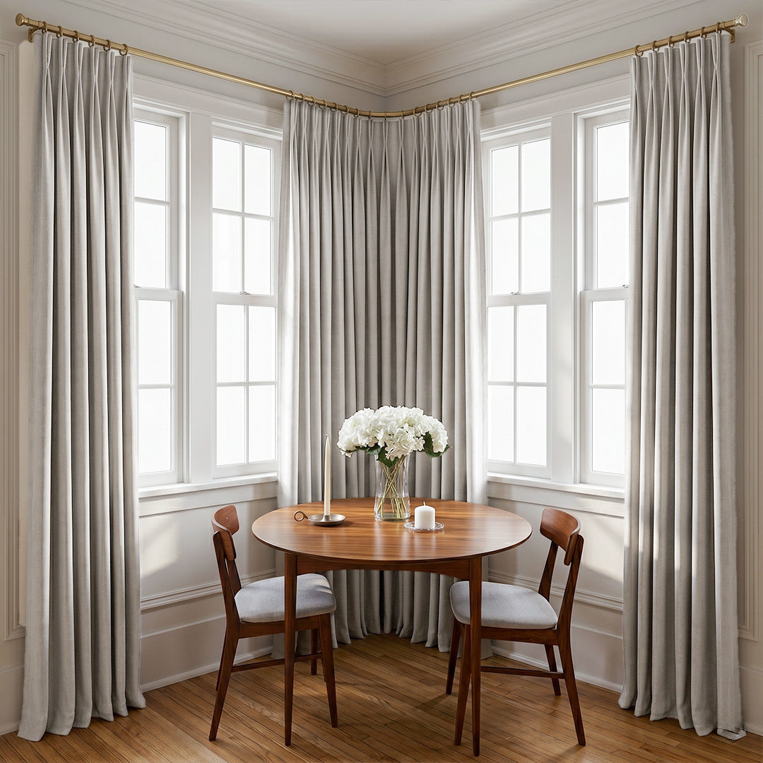 Hugmoom Textured Linen Blackout Curtains, Pinch Pleat, Dining Room Corner Window Installation