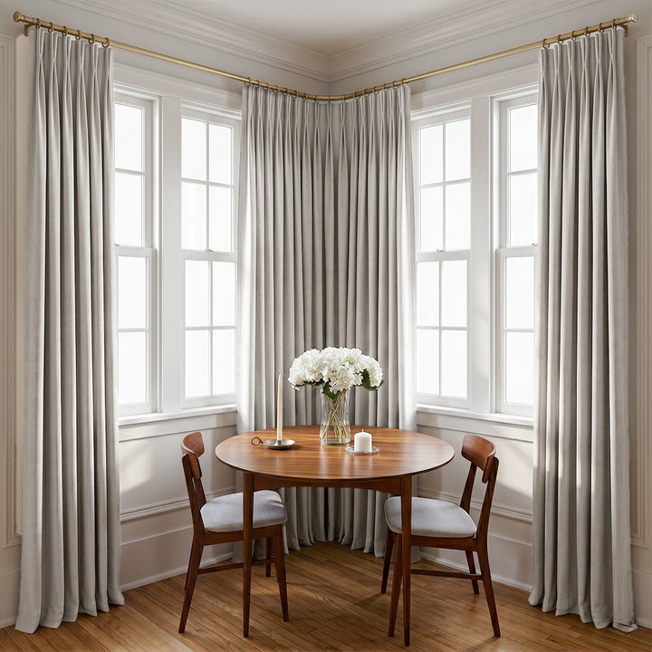 Hugmoom Textured Linen Blackout Curtains, Pinch Pleat, Dining Room Corner Window Installation
