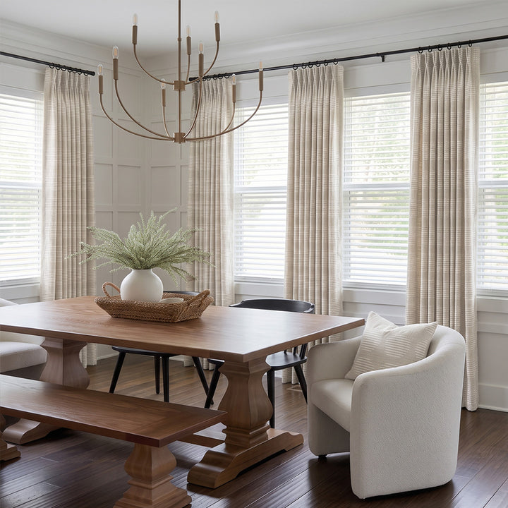 Hugmoom Textured Linen Drapes, Custom Pinch Pleated Linear Jacquard Heavyweight Linen Curtains, Japandi Minimalist Neutral Dining Room Custom Window Drapes