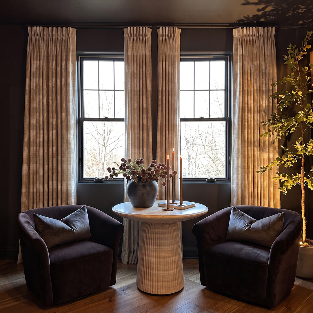 Hugmoom Textured Linen Drapes, Linear Jacquard Heavyweight Linen Custom Curtains, Dark Moody Japandi Minimalist Sitting Nook