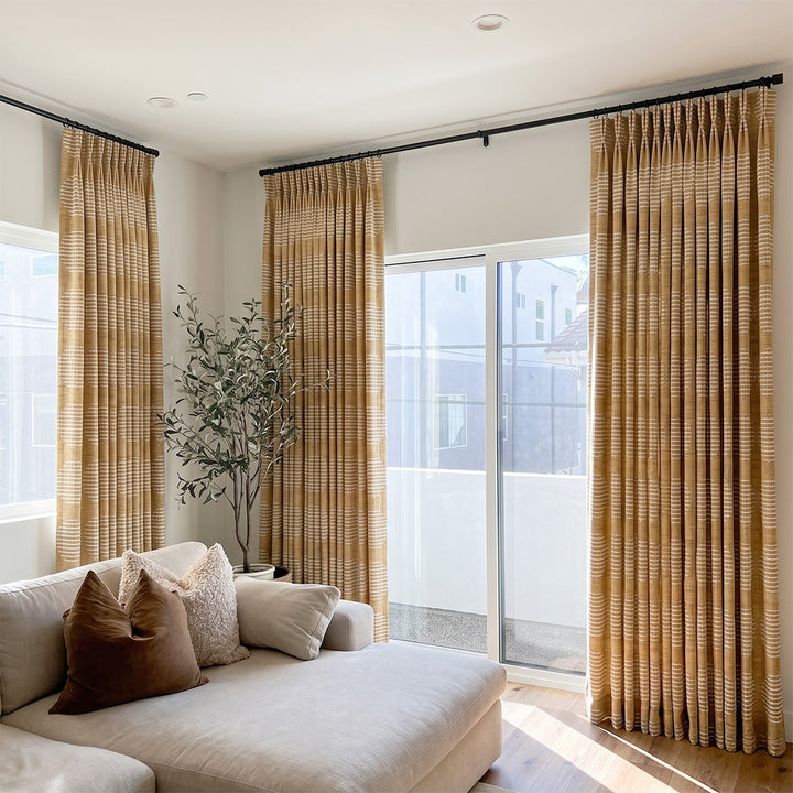 Hugmoom Textured Linen Drapes, Custom Pleated Linear Jacquard Linen Curtains, Warm Ochre Japandi Minimalist Living Room Sliding Door Window