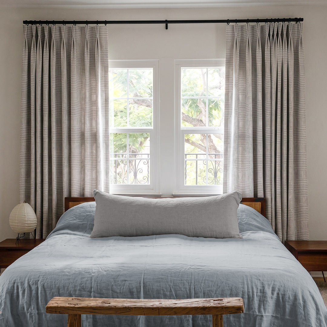 Hugmoom Textured Linen Drapes, Grey Linear Jacquard Heavyweight Linen Custom Curtains, Calm Japandi Minimalist Master Bedroom