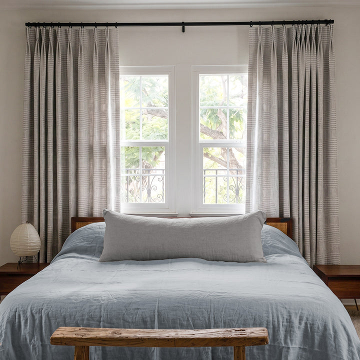 Hugmoom Textured Linen Drapes, Grey Linear Jacquard Heavyweight Linen Custom Curtains, Calm Japandi Minimalist Master Bedroom