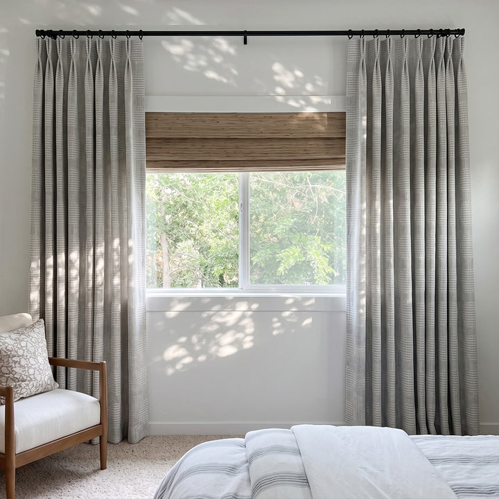 Hugmoom Textured Linen Drapes, Grey Jacquard Linen Custom Pleated Curtains, Japandi Minimalist Bedroom with Roman Shade Combo