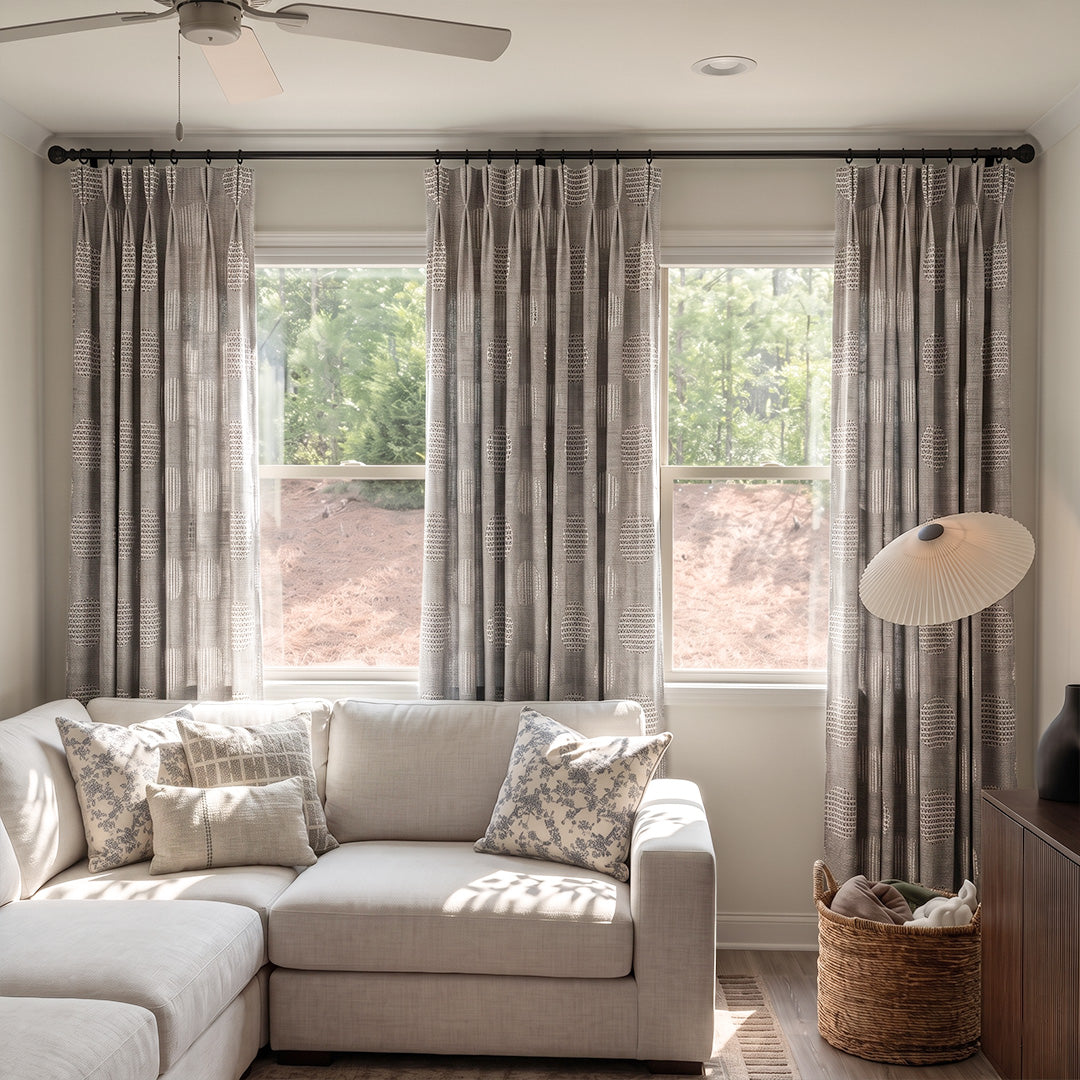 Hugmoom Textured Linen Drapes, Grey Linear Jacquard Heavy Linen Custom Curtains, Bright Japandi Minimalist Family Living Room